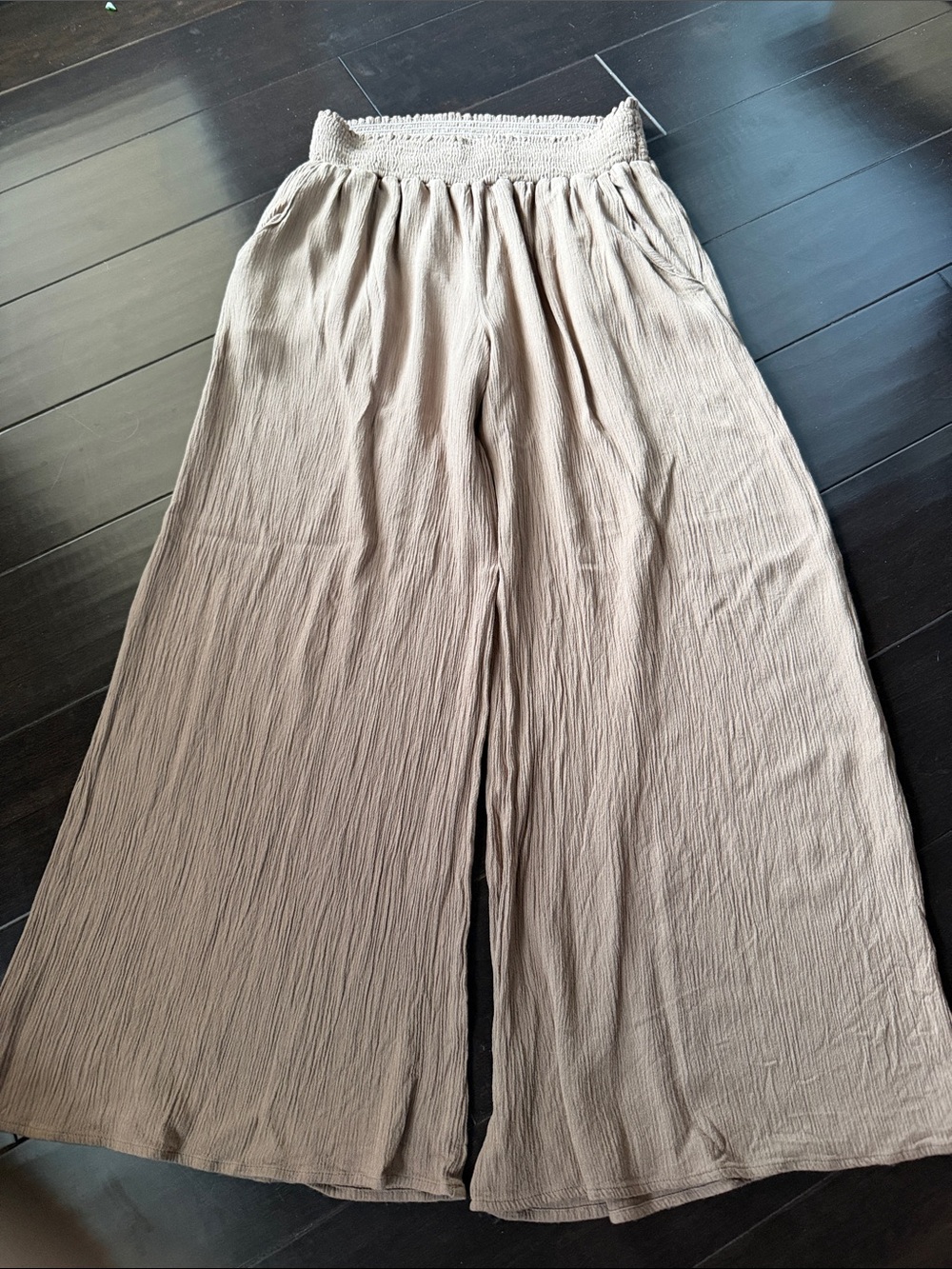 Mahina (Hawaiian retail store) Smocked-Waist Wide Leg Pants in Taupe